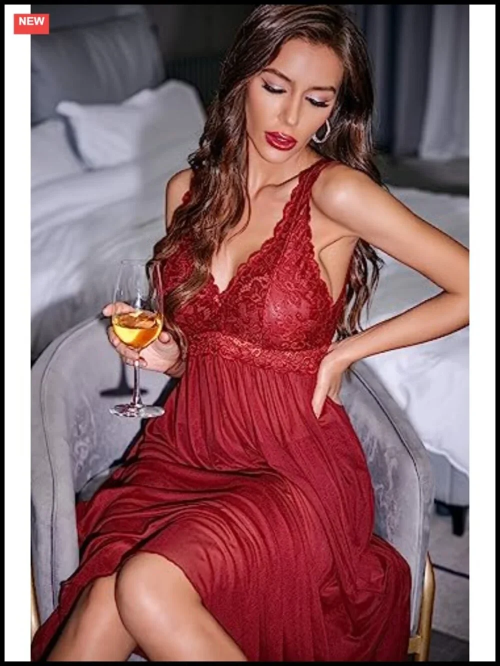 Women Long Lace Babydoll Lingerie V Neck Mesh Chemise Sleepwear